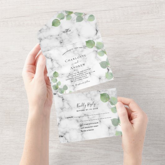 Invitation Tout En Un Mariage en marbre vert Eucalyptus (Déchirure)