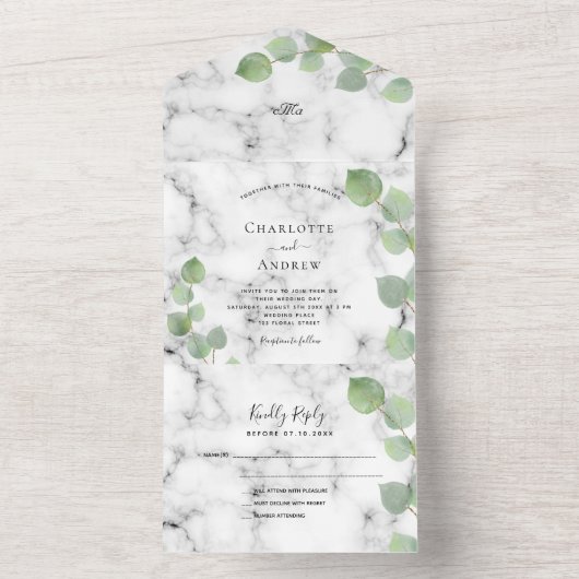 Invitation Tout En Un Mariage en marbre vert Eucalyptus (À l'intérieur)