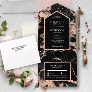 Invitation Tout En Un Mariage en or feuille de faux rose marbre noir cha