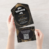 Invitation Tout En Un Mariage en or noir céleste du code QR (Déchirure)