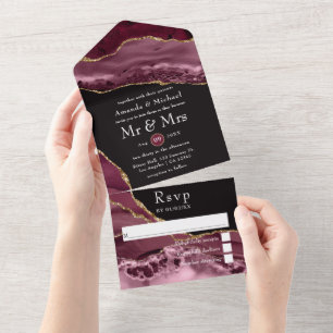 Invitation Tout En Un Mariage en pierre d'agate Bourgogne et Or