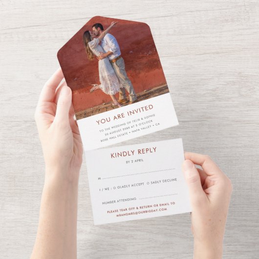 Invitation Tout En Un Mariage en terre cuite | Brûlé rouille orange RSVP (Déchirure)