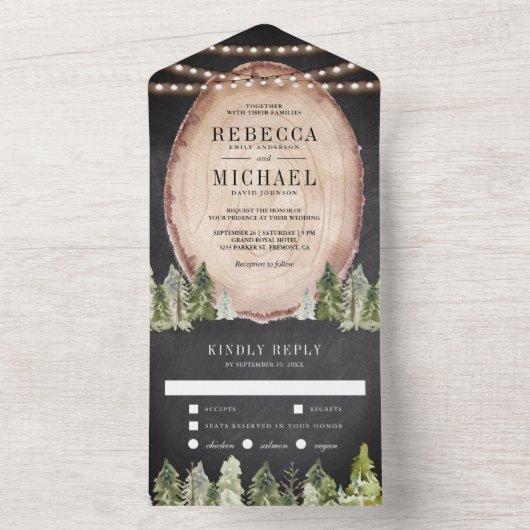 Invitation Tout En Un Mariage en tranche de bois rustique (À l'intérieur)