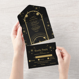 Invitation Tout En Un Mariage Étoiles Célestes Or Noir Mystique
