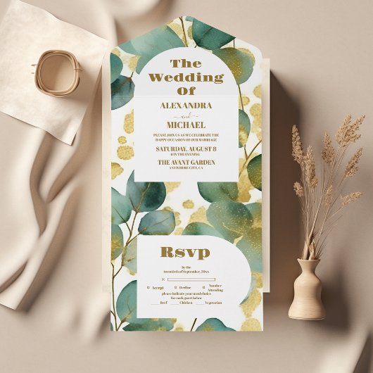 Invitation Tout En Un Mariage Eucalyptus Parties scintillant or vert