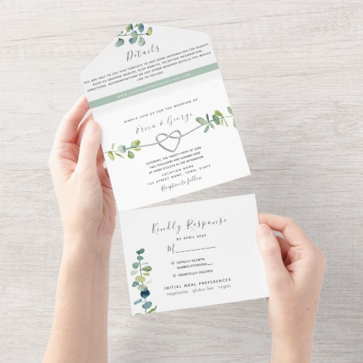 Invitation Tout En Un Mariage Eucalyptus Vert Sage (Déchirure)