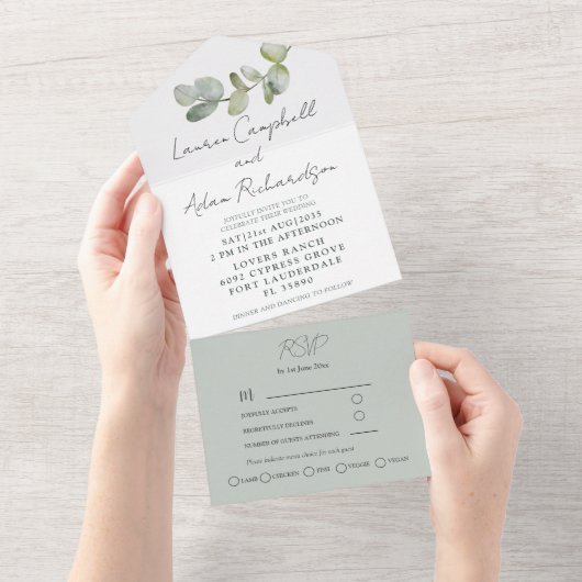 Invitation Tout En Un Mariage Eucalyptus Vert Sage Rustique (Déchirure)