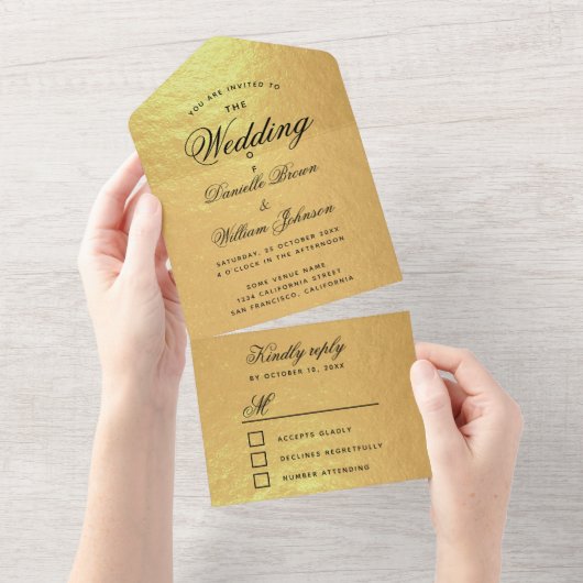 Invitation Tout En Un Mariage Faux Gold Foil Élégant script noir RSVP (Déchirure)