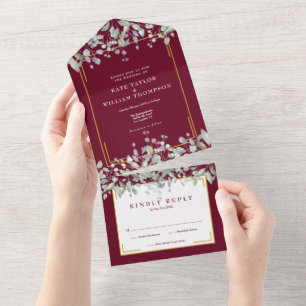 Invitation Tout En Un Mariage Feuillage de Sauge et Lilas Bourgogne Mono