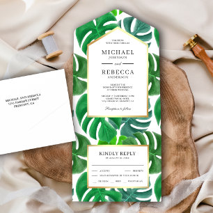 Invitation Tout En Un Mariage Feuille de Monstera Tropicale Verte