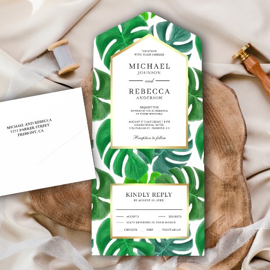 Invitation Tout En Un Mariage Feuille de Monstera Tropicale Verte