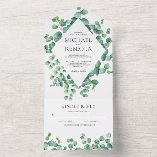 Invitation Tout En Un Mariage Feuille Eucalyptus à cadre diamant moderne (À l'intérieur)