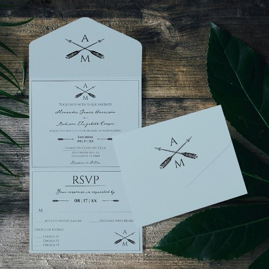 Invitation Tout En Un Mariage Flèches et monogrammes | Aqua
