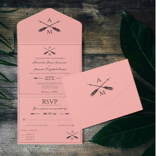 Invitation Tout En Un Mariage Flèches et monogrammes Corail
