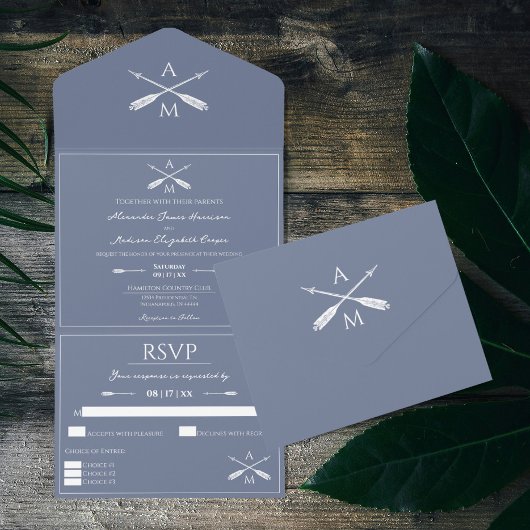 Invitation Tout En Un Mariage Flèches et monogrammes | Dusty Blue