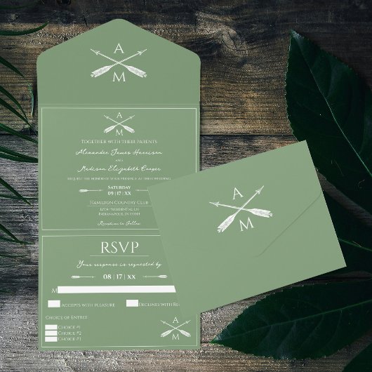 Invitation Tout En Un Mariage Flèches et monogrammes | Moss Green