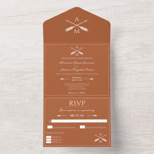 Invitation Tout En Un Mariage Flèches et monogrammes | Orange brûlé (À l'intérieur)