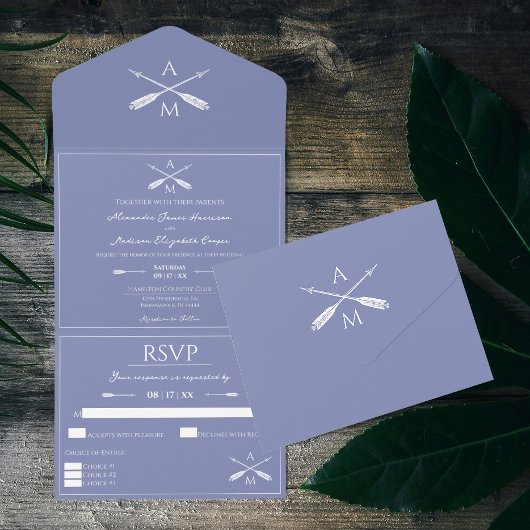 Invitation Tout En Un Mariage Flèches et monogrammes | Périwinkle