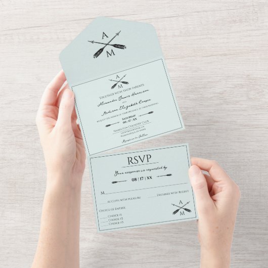 Invitation Tout En Un Mariage Flèches et monogrammes | Vert menthe (Déchirure)