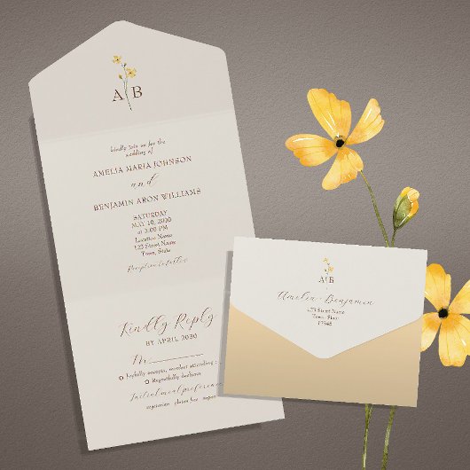 Invitation Tout En Un Mariage Fleur de Champ Neutre 