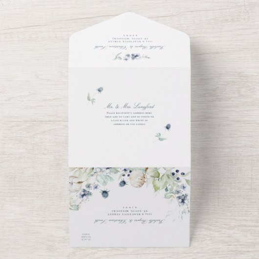 Invitation Tout En Un Mariage Fleur de Fauvette Bleu Poussiéreux et Feui (Dehors)