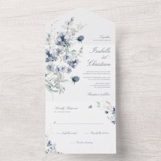 Invitation Tout En Un Mariage Fleur de Fauvette Dusty Blue et Feuillage (À l'intérieur)