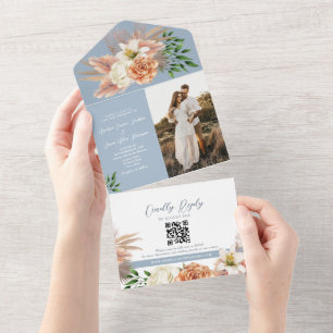 Invitation Tout En Un Mariage Fleur Peach et Bleu Poussiéreux