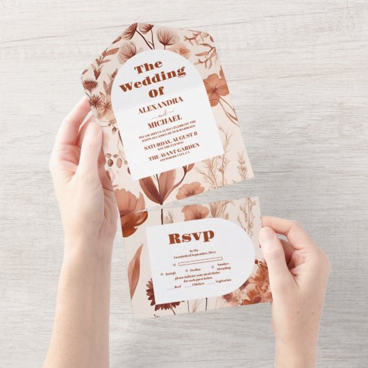 Invitation Tout En Un Mariage Fleur sauvage Aquarelle Bourgogne (Déchirure)