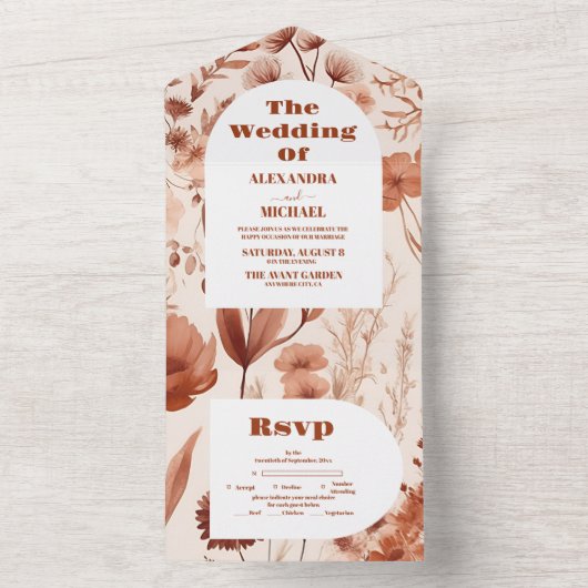 Invitation Tout En Un Mariage Fleur sauvage Aquarelle Bourgogne (À l'intérieur)