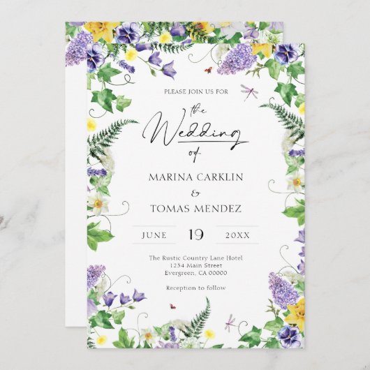 Invitation Tout en un | Mariage Fleur sauvage Boho Watercolor (Devant / Derrière)