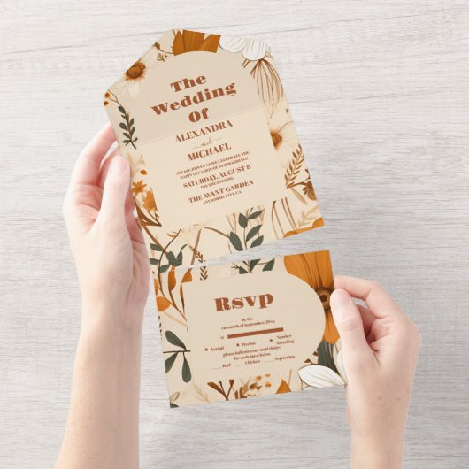 Invitation Tout En Un Mariage Fleur sauvage d'aquarelle orange brûlé (Déchirure)