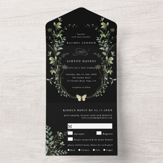 Invitation Tout En Un Mariage Fleur sauvage noir Elegant (À l'intérieur)
