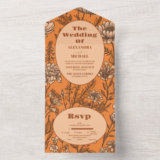 Invitation Tout En Un Mariage Fleur sauvage orange brûlé (À l'intérieur)