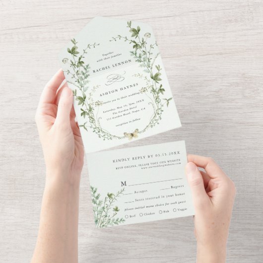 Invitation Tout En Un Mariage Fleur sauvage Pale Green Elegant (Déchirure)