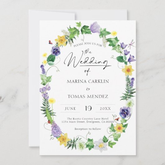 Invitation Tout en un | Mariage Fleur sauvage rustique (Devant)