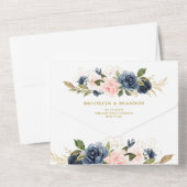 Invitation Tout En Un Mariage Fleurie Bleu Nuit Rose Poussiéreuse Or  (Verso)