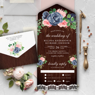 Invitation Tout En Un Mariage Fleurie en Dentelle Bleu Nuit et Rose Pâle