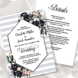 Invitation Tout en Un Mariage Fleurie Géométrique Rayé Noir