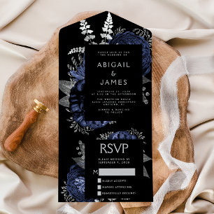 Invitation Tout En Un Mariage Fleurie Sombre Bleu Marine Argenté