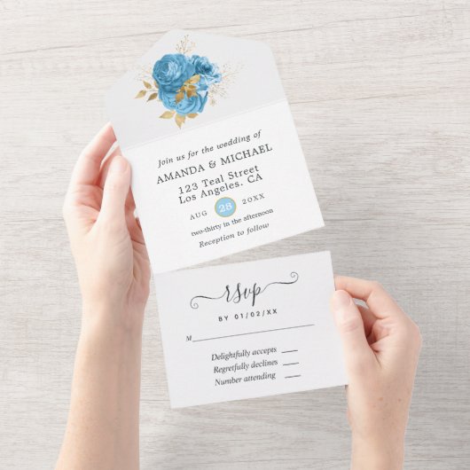 Invitation Tout En Un Mariage Fleuris Bleu Pastel et Or (Déchirure)