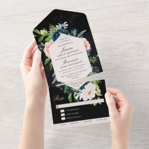 Invitation Tout En Un Mariage Fleuris Noir et Bleu Marine avec Rose Tend