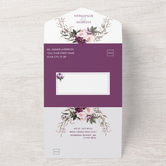 Invitation Tout En Un Mariage Fleuriste Fleurs de Pivoines Roses Prune P (Dehors)