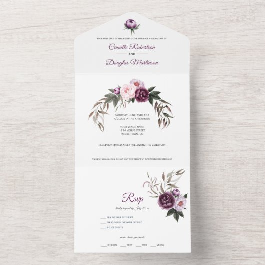 Invitation Tout En Un Mariage Fleuriste Plum Pourpre Roses de Peonies Ro (À l'intérieur)