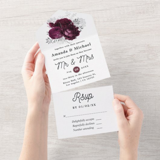 Invitation Tout En Un Mariage Fleurs Bourguignon et Argent (Déchirure)