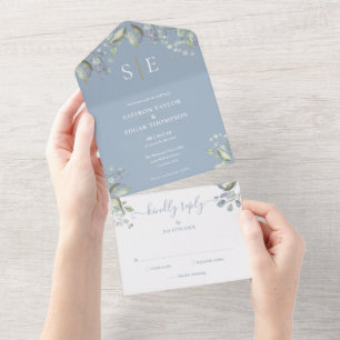 Invitation Tout En Un Mariage Fleurs de Monogramme sur Fond Bleu Poussié