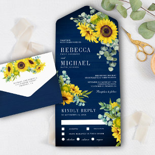 Invitation Tout En Un Mariage Fleurs de Tournesol en Bois Bleu Marine et
