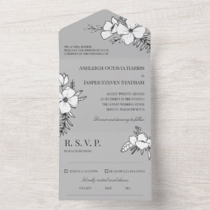 Invitation Tout En Un Mariage Fleurs Jolis Gris & Blanc