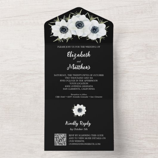 Invitation Tout En Un Mariage Fleurs noires et blanches (À l'intérieur)