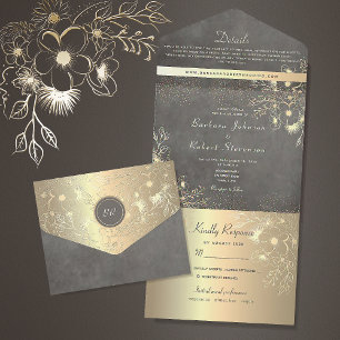 Invitation Tout En Un Mariage Fleurs Noires Ornementées Dorées