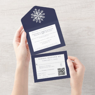 Invitation Tout En Un Mariage Flocon de Neige Minimaliste Bleu Nuit